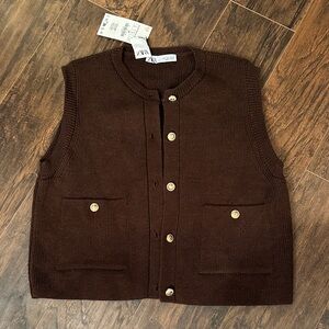Zara Chocolate Knit Vest with Metallic Buttons
